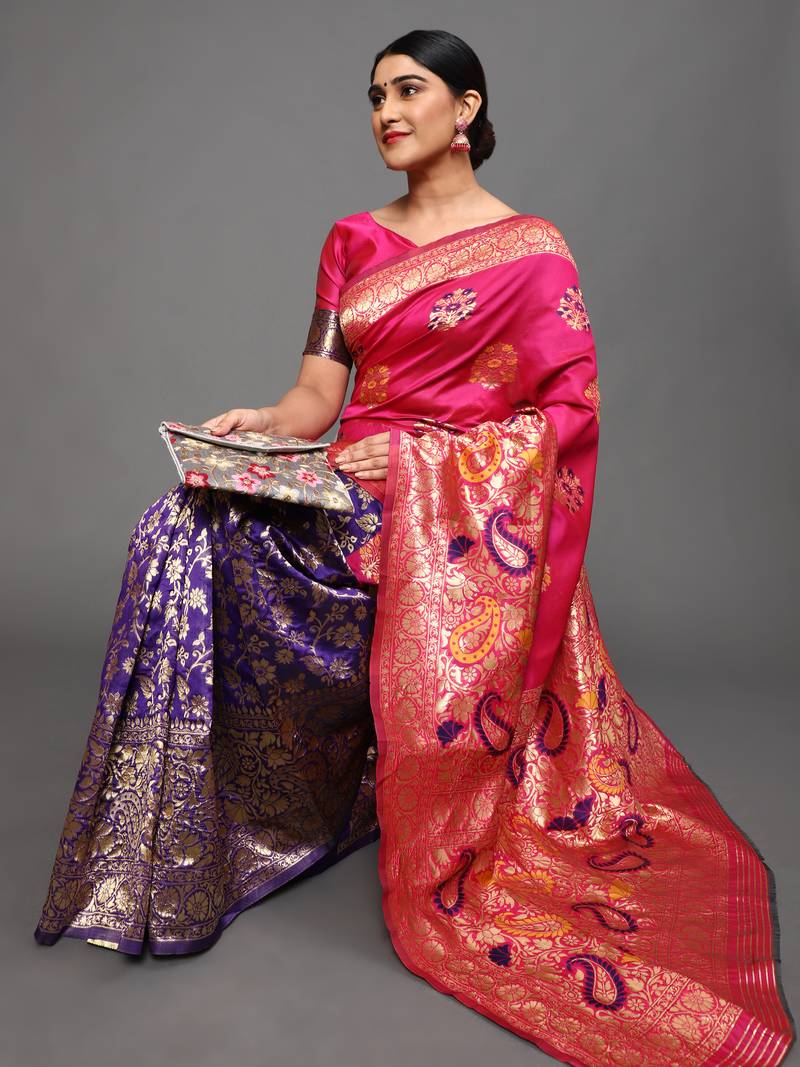Glemora Pink Beautiful Ethnic Wear Silk Blend  Traditional Saree