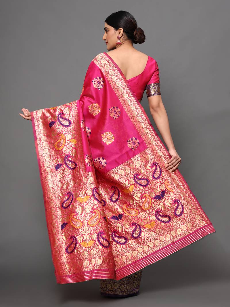 Glemora Pink Beautiful Ethnic Wear Silk Blend  Traditional Saree