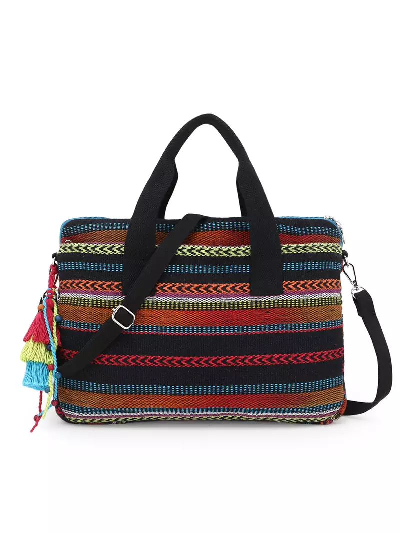 Anekaant  Black & Multi Woven Cotton Striped Laptop Bag