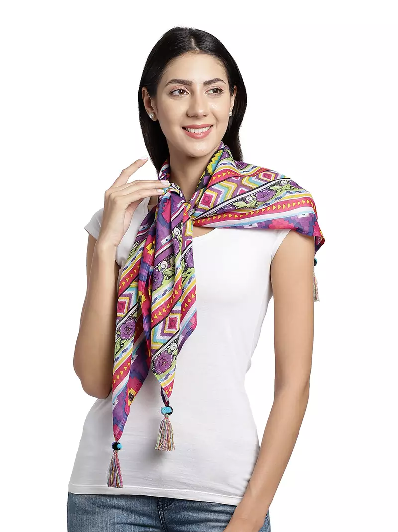 Purple & Multi Solid Cotton Scarf with Lace Border