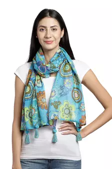 Blue & Multi Solid Cotton Scarf with Lace Border (180 x 50 cm)