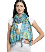 Blue & Multi Solid Cotton Scarf with Lace Border (180 x 50 cm)