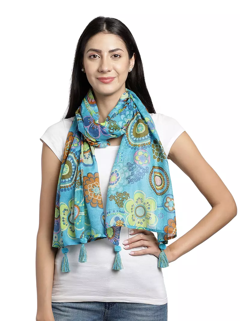 Blue & Multi Solid Cotton Scarf with Lace Border (180 x 50 cm)