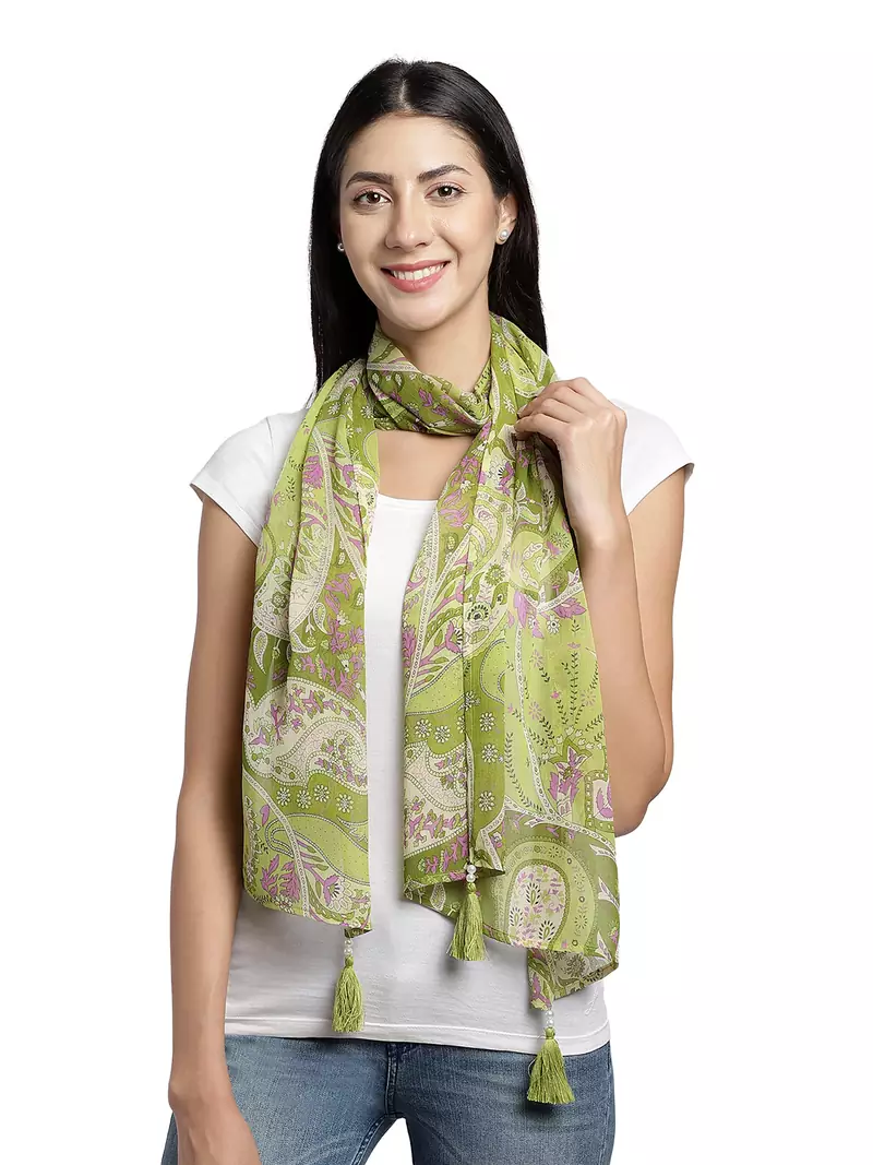 Green & Purple Solid Cotton Scarf with Lace Border (180 x 50 cm)