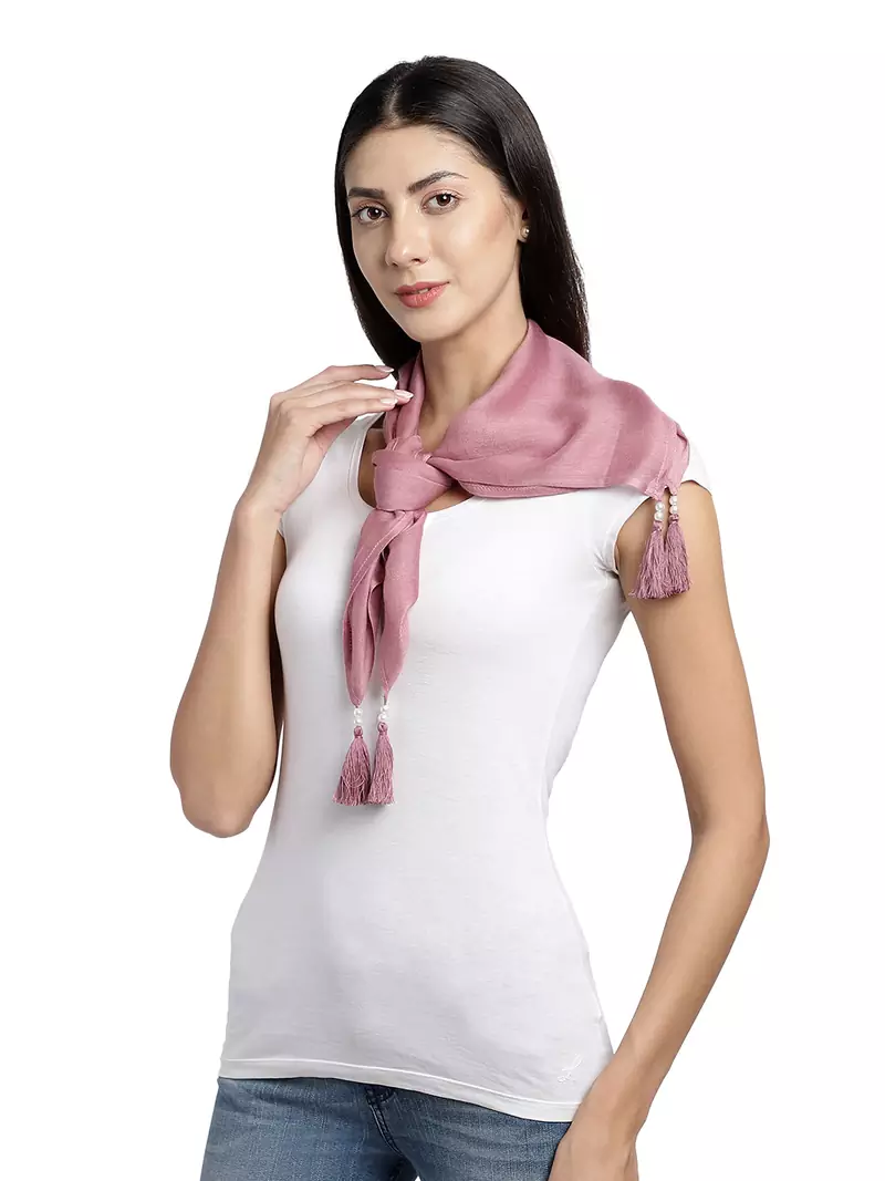 Mauve Solid Beaded Cotton Viscose Scarf with Tassels (75 x 75 cm)