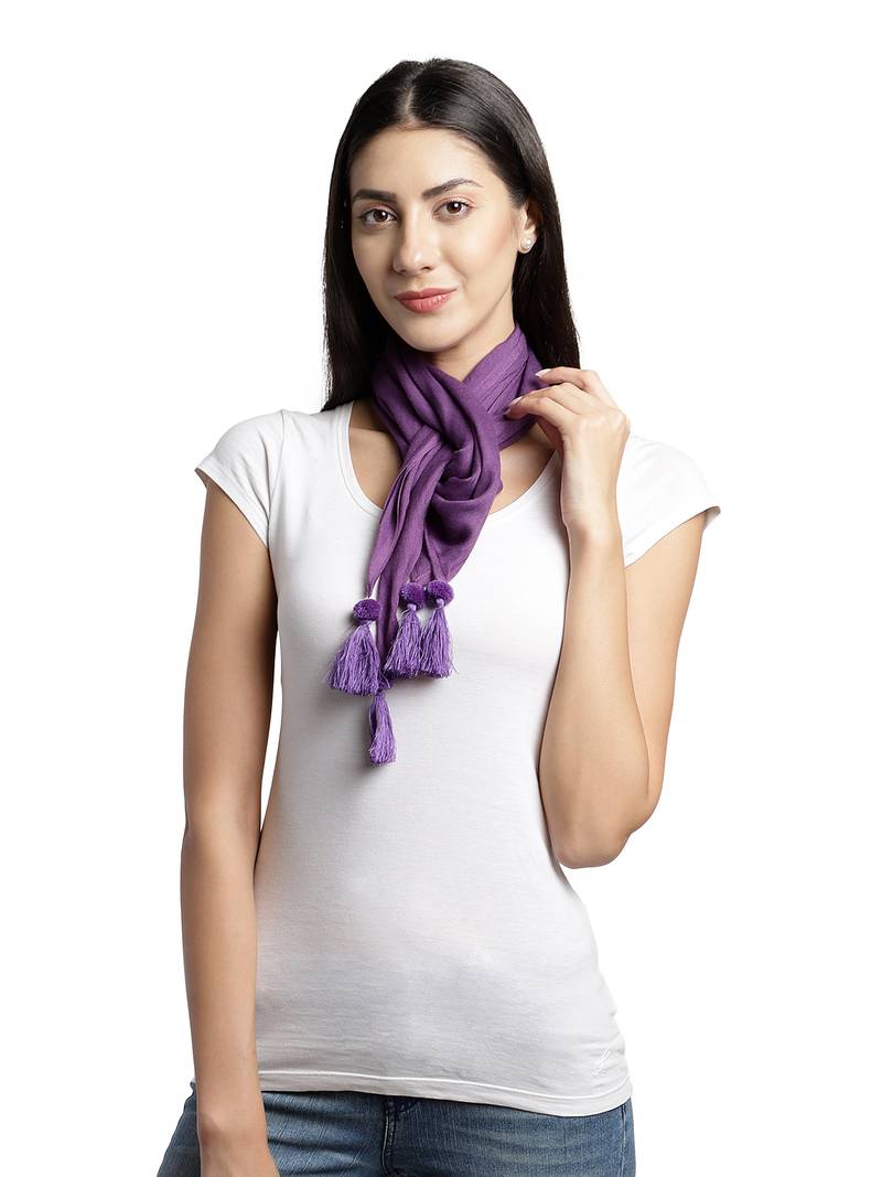 Purple Solid Beaded Cotton Viscose Scarf with Tassels (75 x 75 cm)