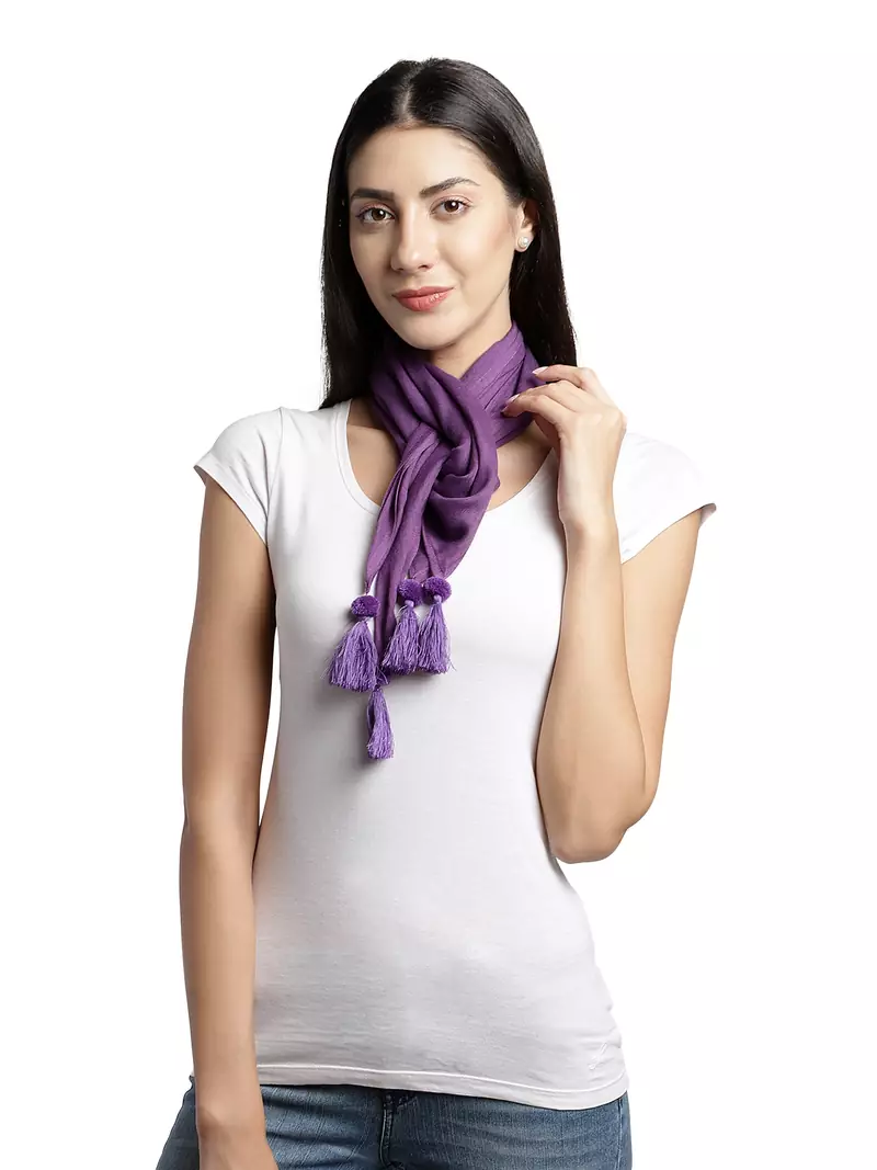 Purple Solid Beaded Cotton Viscose Scarf with Tassels (75 x 75 cm)