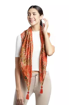 Orange and Multi Pompoms Cotton Scarf with Tassels
