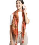 Orange and Multi Pompoms Cotton Scarf with Tassels