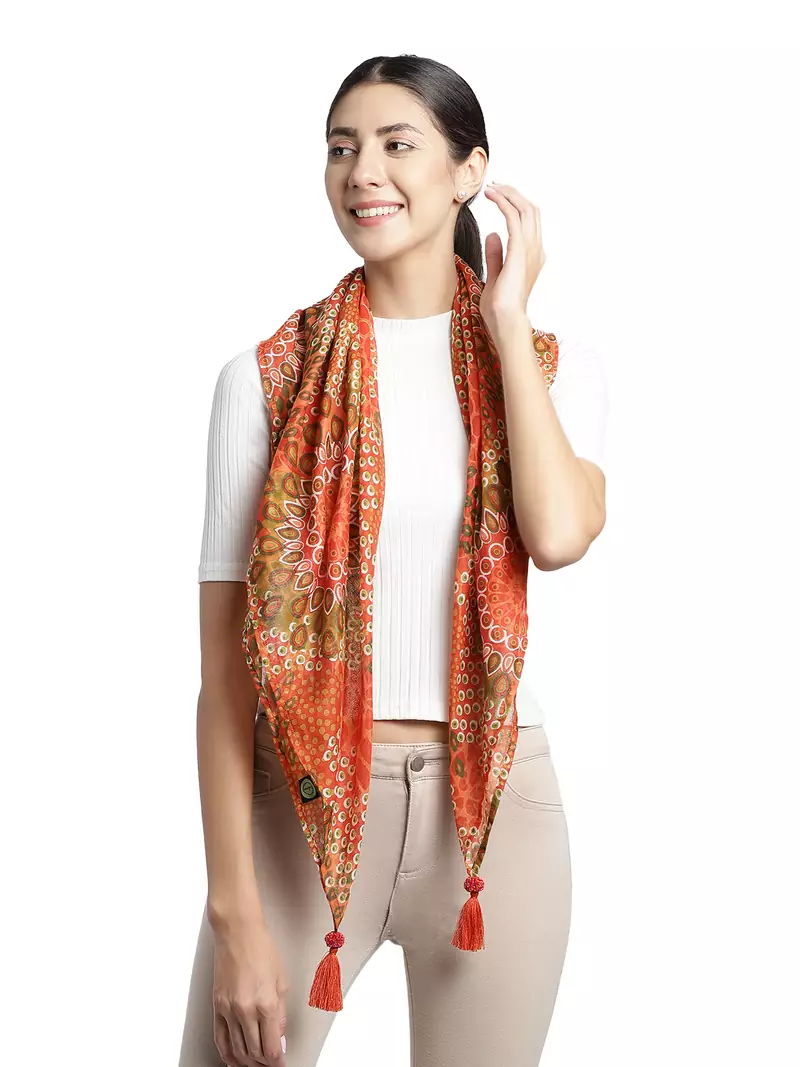 Orange and Multi Pompoms Cotton Scarf with Tassels