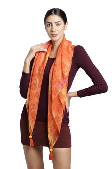 Orange and Yellow Pompoms Chiffon Scarf with Tassels