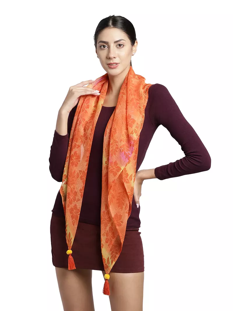 Orange and Yellow Pompoms Chiffon Scarf with Tassels