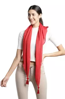 Red Pompoms Cotton Scarf with Tassels