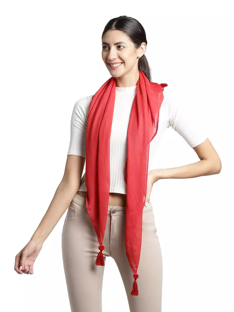 Red Pompoms Cotton Scarf with Tassels