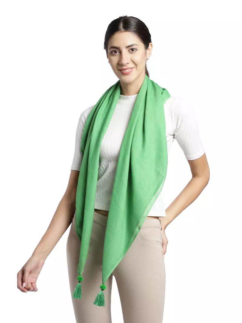 Green Pompoms Cotton Scarf with Tassels