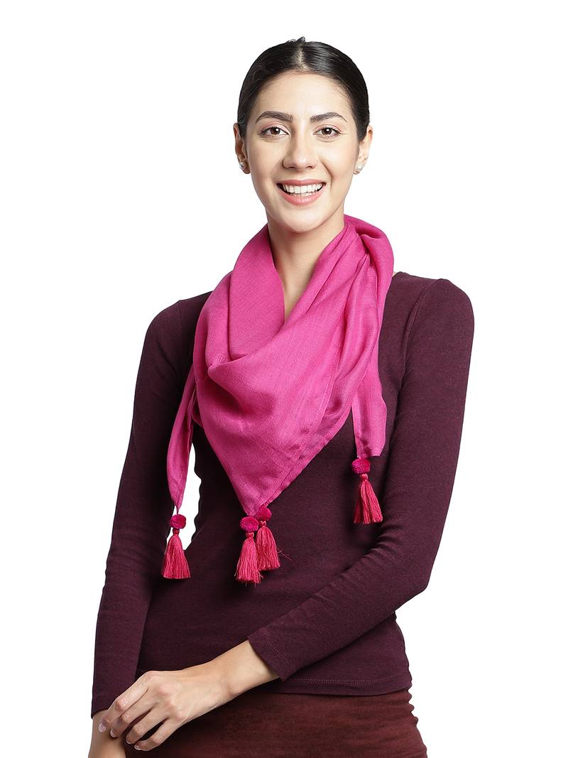 Fuschia Pompoms Cotton Scarf with Tassels