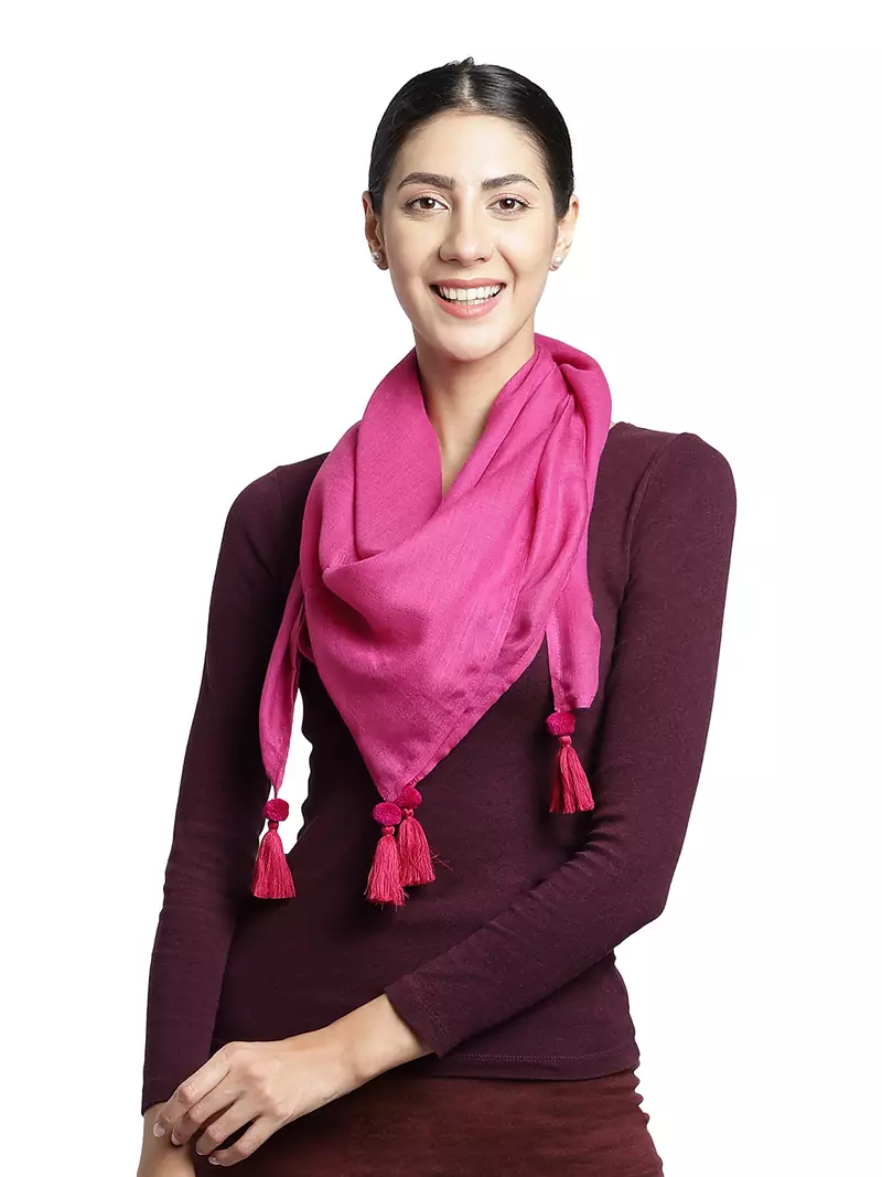 Fuschia Pompoms Cotton Scarf with Tassels