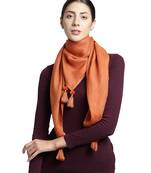 Rust Pompoms Cotton Scarf with Tassels