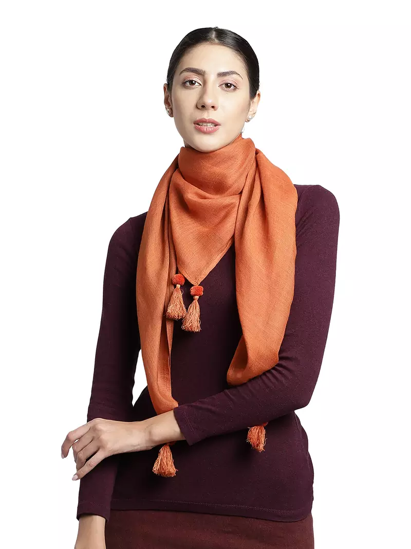 Rust Pompoms Cotton Scarf with Tassels