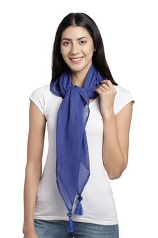 Blue Pompoms Cotton Scarf with Tassels