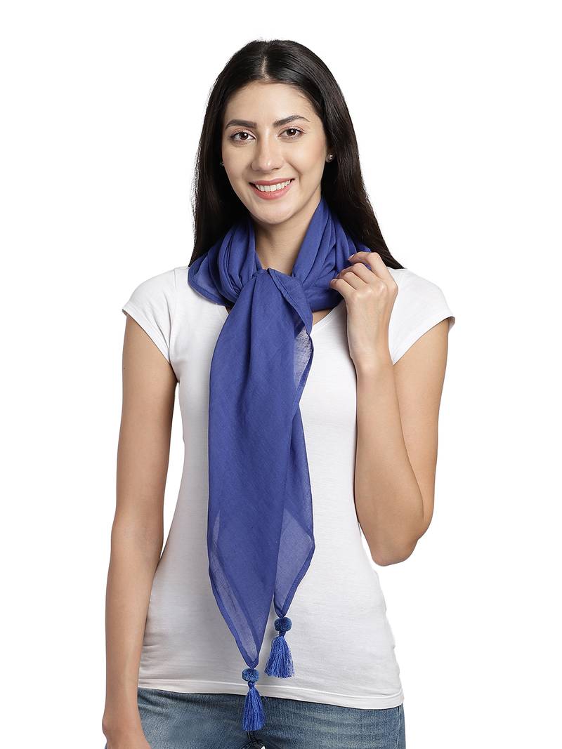 Blue Pompoms Cotton Scarf with Tassels
