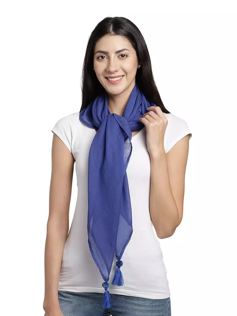 Blue Pompoms Cotton Scarf with Tassels