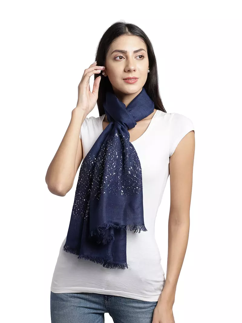 Navy Blue & Silver Embellished Viscose Scarf (180 x 70 cm)
