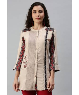 Women Beige Tunic with Embroidery and Print Detailing 1