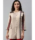 Women Beige Tunic with Embroidery and Print Detailing
