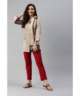 Women Beige Tunic with Embroidery and Print Detailing 4