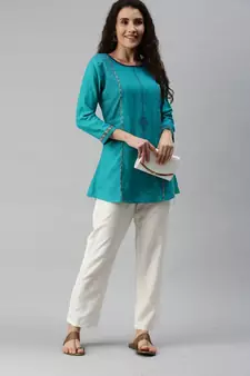 Women Green Tunic with Embroidery and Print Detailing
