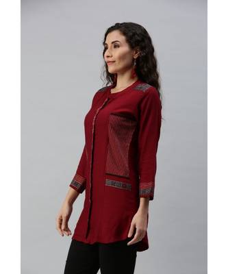 Women Maroon Tunic with Embroidery and Print Detailing 2