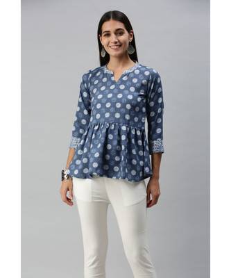 Women Indigo Polka Dot Printed Fit & Flare Cotton Blend Top 1