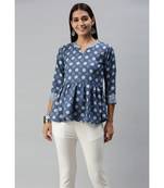 Women Indigo Polka Dot Printed Fit & Flare Cotton Blend Top