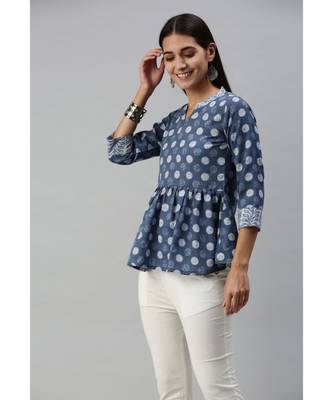 Women Indigo Polka Dot Printed Fit & Flare Cotton Blend Top 2