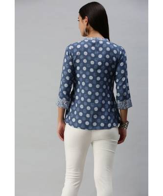 Women Indigo Polka Dot Printed Fit & Flare Cotton Blend Top 3