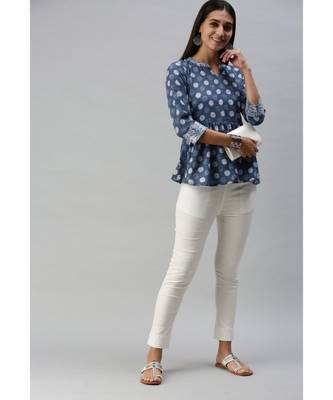 Women Indigo Polka Dot Printed Fit & Flare Cotton Blend Top 4