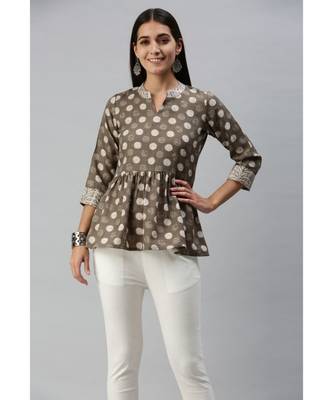 Women Grey Polka Dot Printed Fit & Flare Cotton Blend Top 1