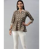 Women Grey Polka Dot Printed Fit & Flare Cotton Blend Top
