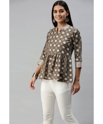 Women Grey Polka Dot Printed Fit & Flare Cotton Blend Top 2