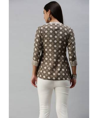 Women Grey Polka Dot Printed Fit & Flare Cotton Blend Top 3