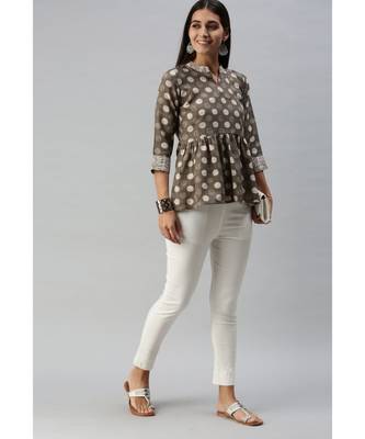 Women Grey Polka Dot Printed Fit & Flare Cotton Blend Top 4