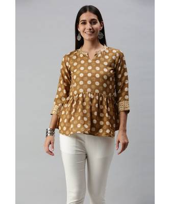 Women Olive Polka Dot Printed Fit & Flare Cotton Blend Top 1