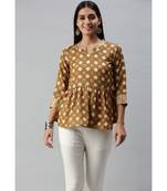Women Olive Polka Dot Printed Fit & Flare Cotton Blend Top