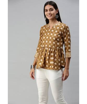 Women Olive Polka Dot Printed Fit & Flare Cotton Blend Top 2