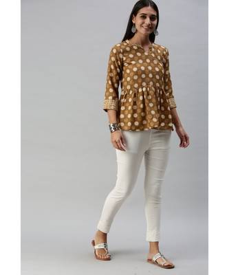 Women Olive Polka Dot Printed Fit & Flare Cotton Blend Top 4