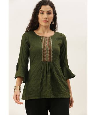 Women Olive Green Chinon  Fit & Flare Top 1