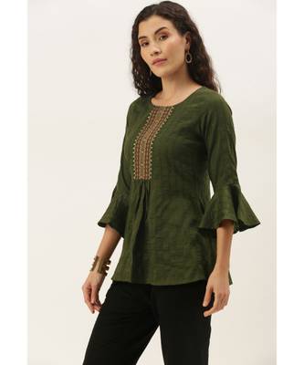 Women Olive Green Chinon  Fit & Flare Top 2
