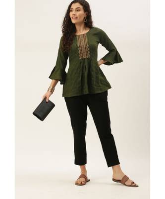 Women Olive Green Chinon  Fit & Flare Top 4