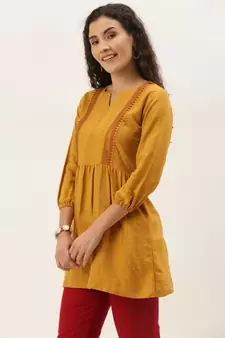 Women Mustard Cotton Blend Fit & Flare Top